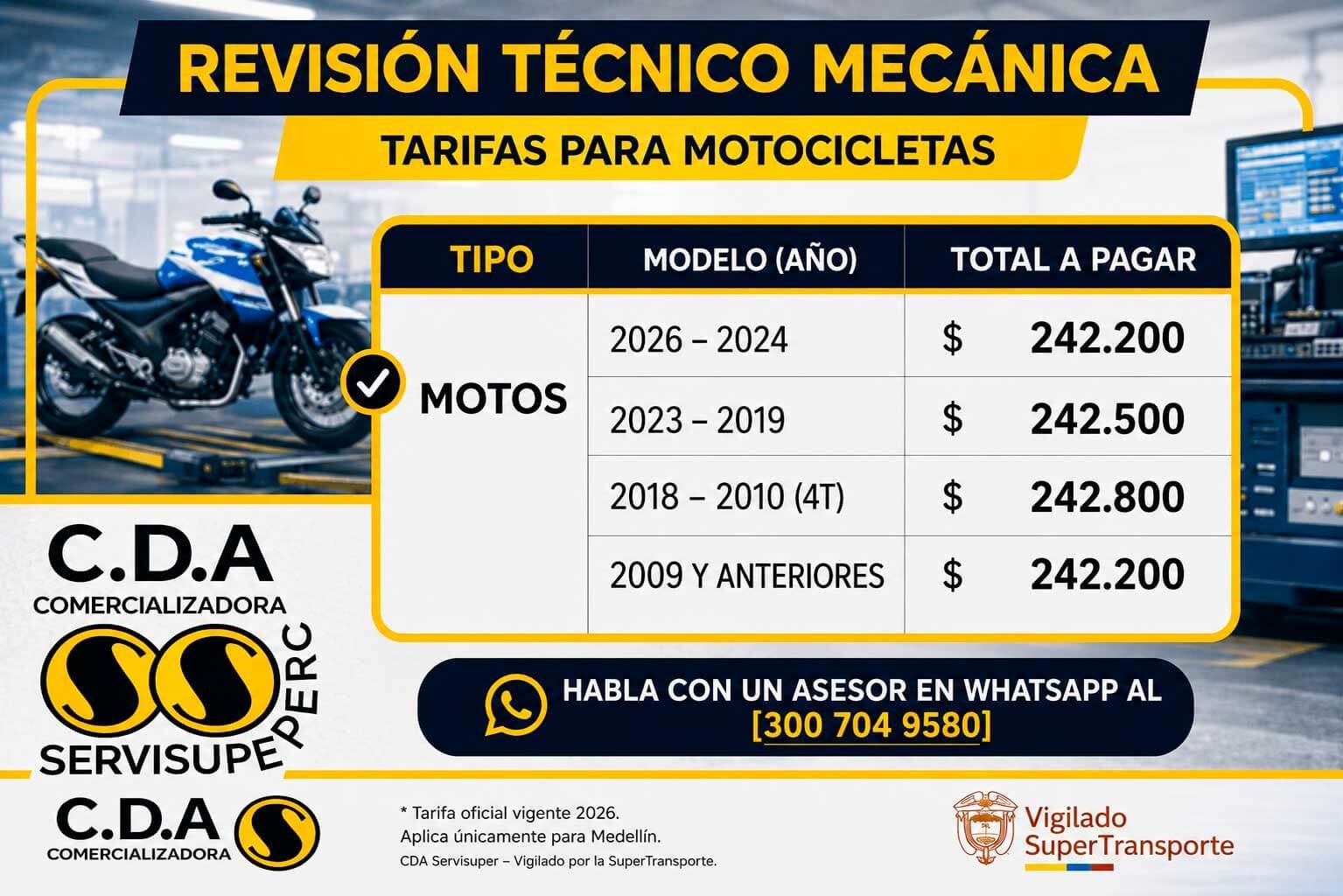 Blog | CDA SERVISUPER En la imagen se observan los precios de la revisión tecnico mecanica para motocicletas en la ciudad de Medellín.